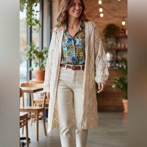 Umgee USA Cream Open Knit Long Open Front Cardigan Sweater Duster Size Medium